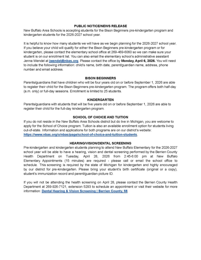 News Release #1 PreK_K Enrollment 2026-2027