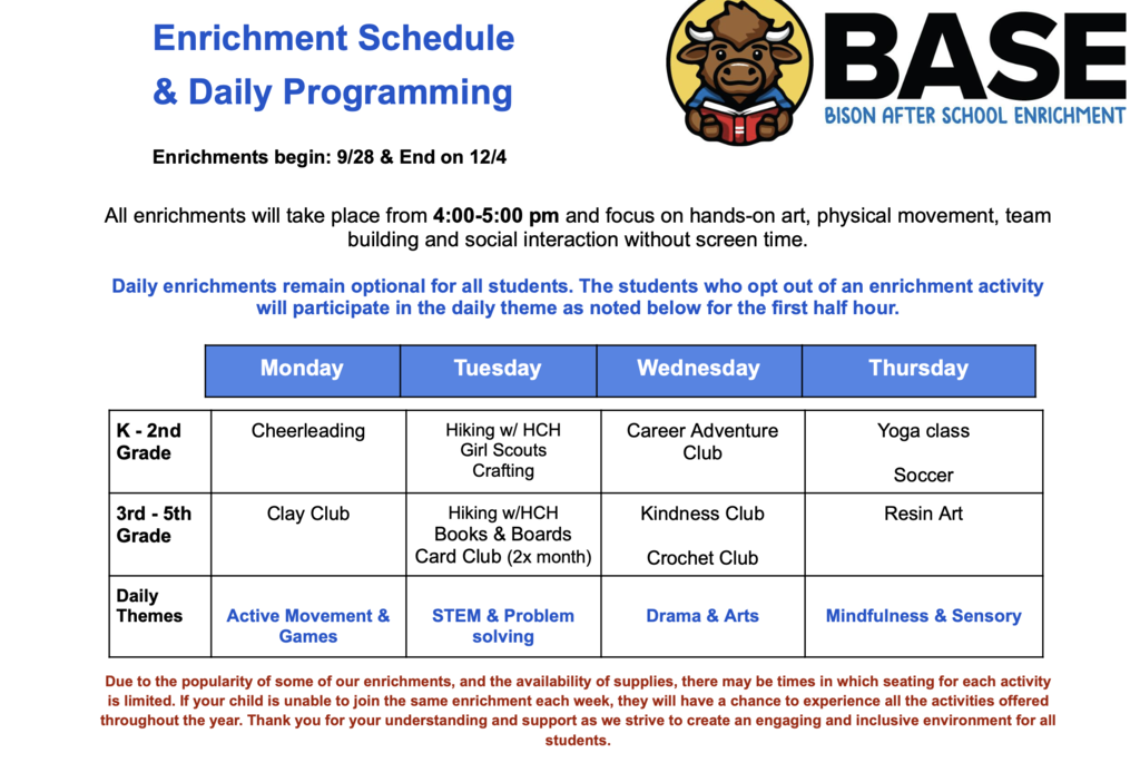 Updated Enrichment Schedule