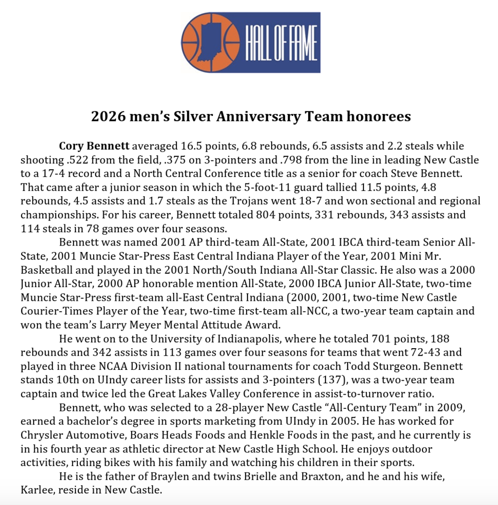 Cory Bennett, Hall of Fame 2026 Silver Anniversary Team