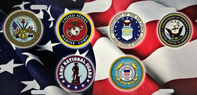 American Flag with Branches of Military Emblems