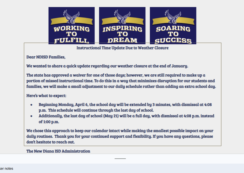 Letter to NDISD Families