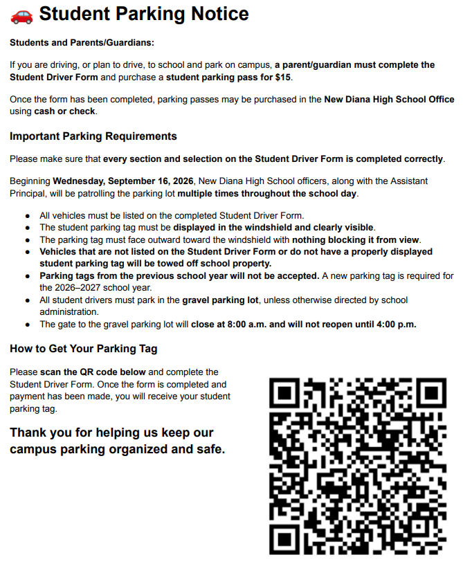 Screenshot of Student parking notice with QR Code