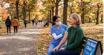 A Fall scene with a nurse administering the flu shot.