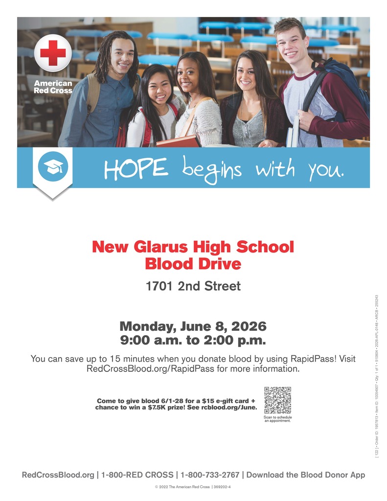 Blood Drive at New Glarus High School - June 8th from  9am - 2pm.