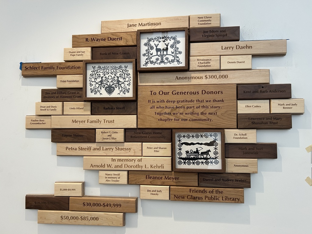 Donor Wall for the New Glarus Library - Made by NGHS Tech Ed students. 