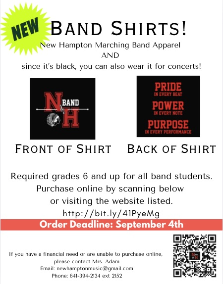Order yours online today! All deliveries will be in hand for the Homecoming Parade. Grades 6-12 are required to purchase this shirt. If you have any concerns please reach out to your director. https://nhband-25.itemorder.com/shop/home/