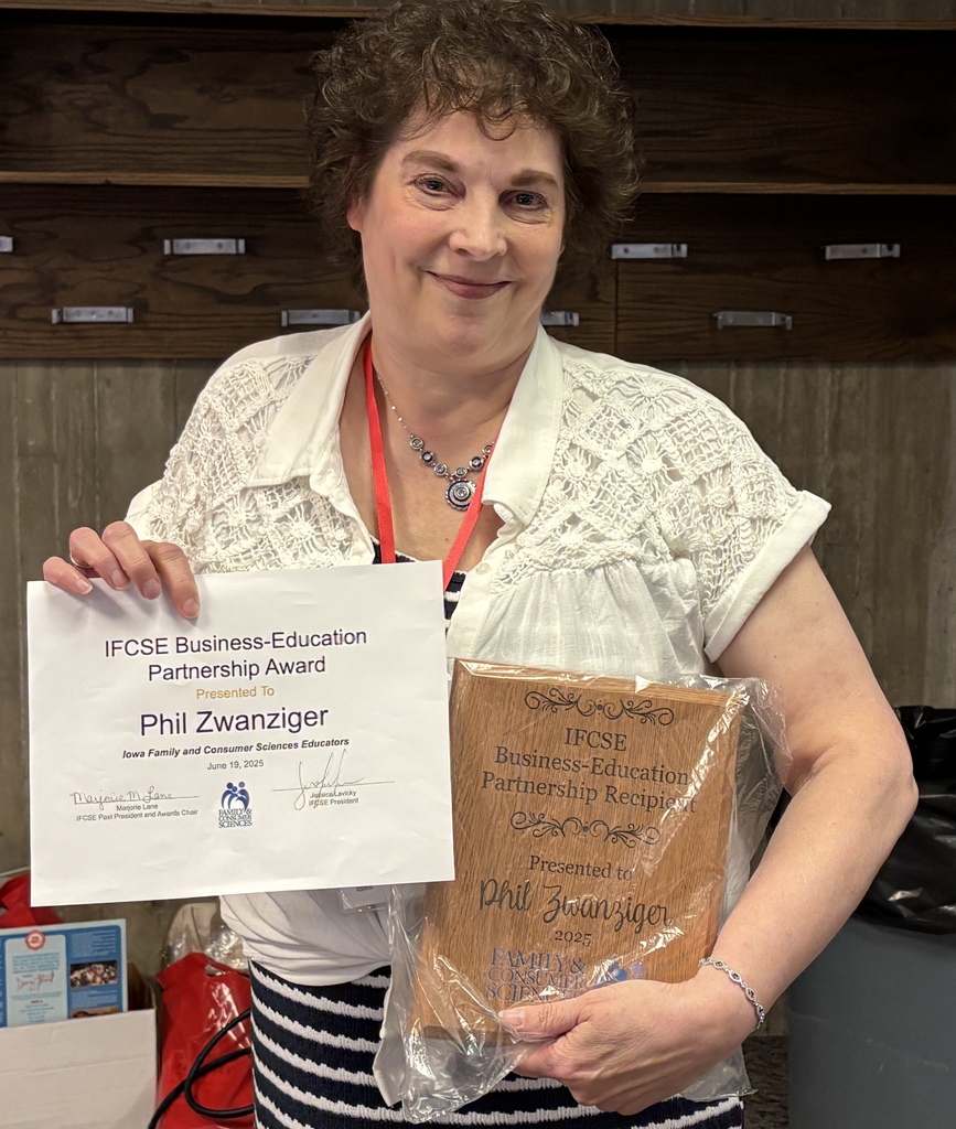      Family Consumer Science Teacher, Mrs. Schmitt, nominated Phil Zwanziger (former manager) from The Pub at The Pincion in New Hampton for the Education Partnership Award. Mrs. Schmitt accepted the award in June at the Iowa Family Consumer Science Educators (IFCSE) conference; on Zwanziger's behalf. Schmitt presented the award right before school started to Zwanziger.       "My second year at NHHS the new cafeteria was not ready until October. They continued using the old cafeteria and I was teaching off of a cart at the back of the room. I wanted to get my students out into the community and into real-world experiences. Everyday we got on a bus and went to The Pub."        Schmitt nominated Phil because he was always so generous with his time and experience and allowed the students to come and do prep work at The Pincion. Hands-on-learning is the best way to learn restaurant standards. Mrs. Schmitt said, "Thank you, Phil, for being a partner in education!" 