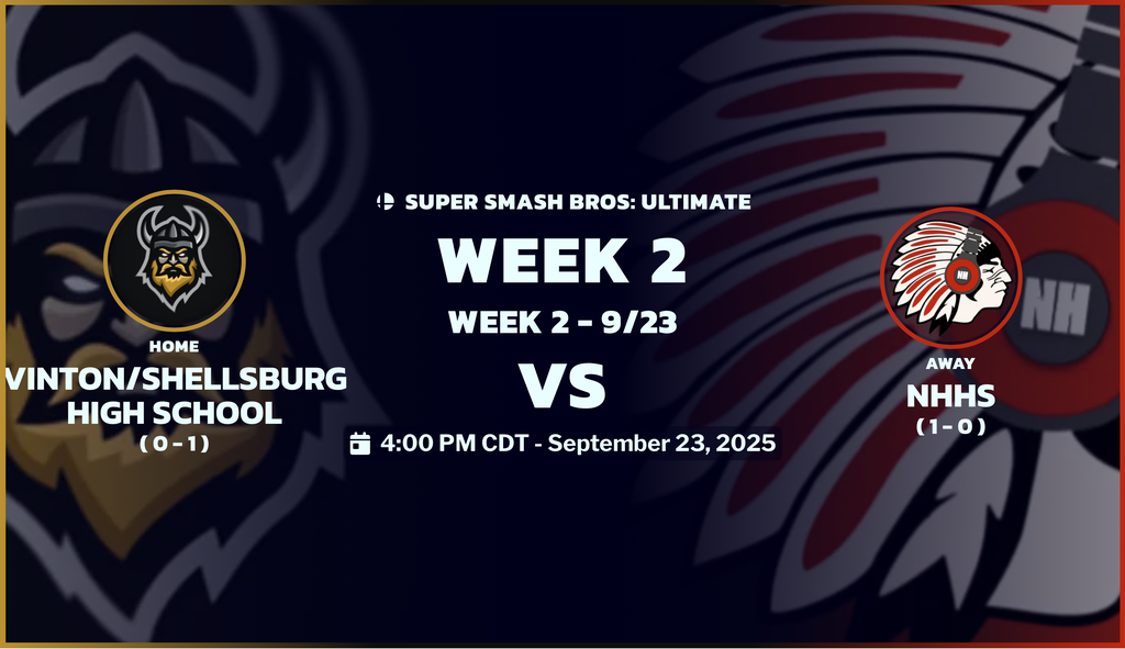 Tune in for the second Super Smash Bros. game of the season as the 1-0 Chickasaws take on Vinton-Shellsburg for their homecoming game at 4:00pm. Watch LIVE online on either YouTube or Twitch!  https://www.youtube.com/live/zPQKqntkOmg?si=rqvD7jFWNDEeZ8Kg  twitch.tv/chickasawesports