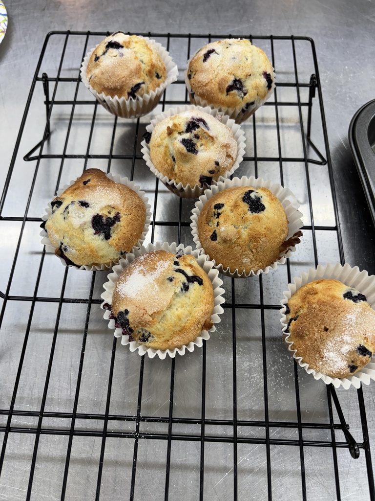 More Quick Bread Labs for Baking I Class: buttermilk biscuits mixed by the biscuit method, rolled out and cut. Blueberry muffins mixed by the muffin method with a pour batter and the students used real blueberries. Both were delicious. 