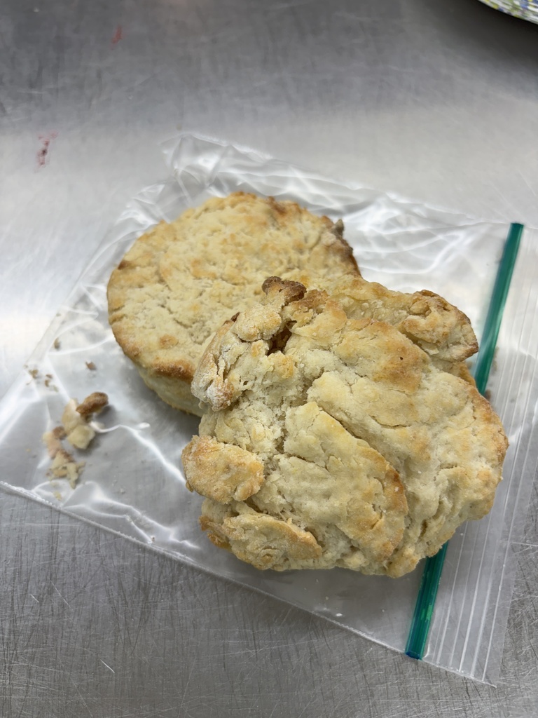 More Quick Bread Labs for Baking I Class: buttermilk biscuits mixed by the biscuit method, rolled out and cut. Blueberry muffins mixed by the muffin method with a pour batter and the students used real blueberries. Both were delicious. 