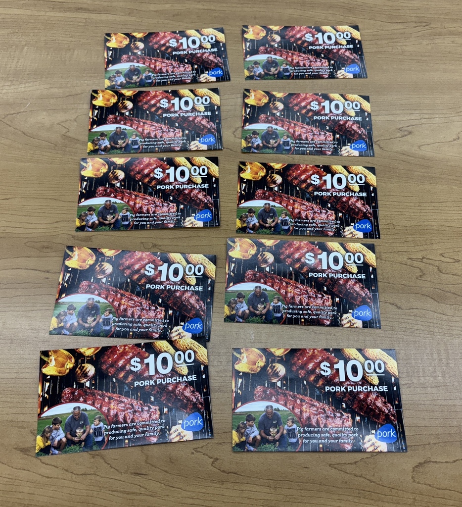 After completing a small grant Mrs. Schmitt's FCS classes were awarded $100.00 in Pork Coupons. Thank you to Iowa Pork Producers!