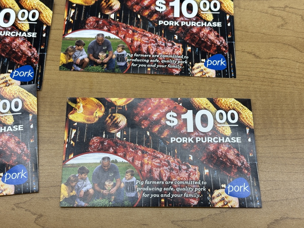 After completing a small grant Mrs. Schmitt's FCS classes were awarded $100.00 in Pork Coupons. Thank you to Iowa Pork Producers!