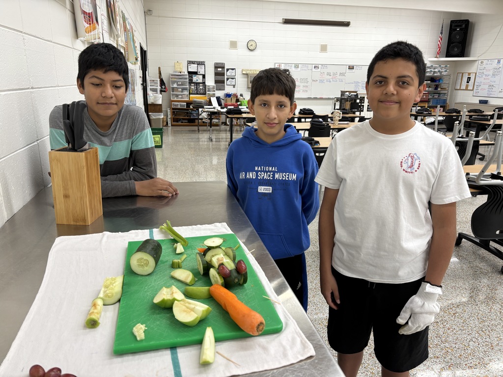 Wow! Mrs. Schmitt is so impressed by her Day One 7th Graders FCS students! They practiced knife skills today by cutting fruit and vegetables to make their individual cars. In a previous class they drew out their sketches and made a plan and a list of what they needed. Take a look at the pictures to see their success! 