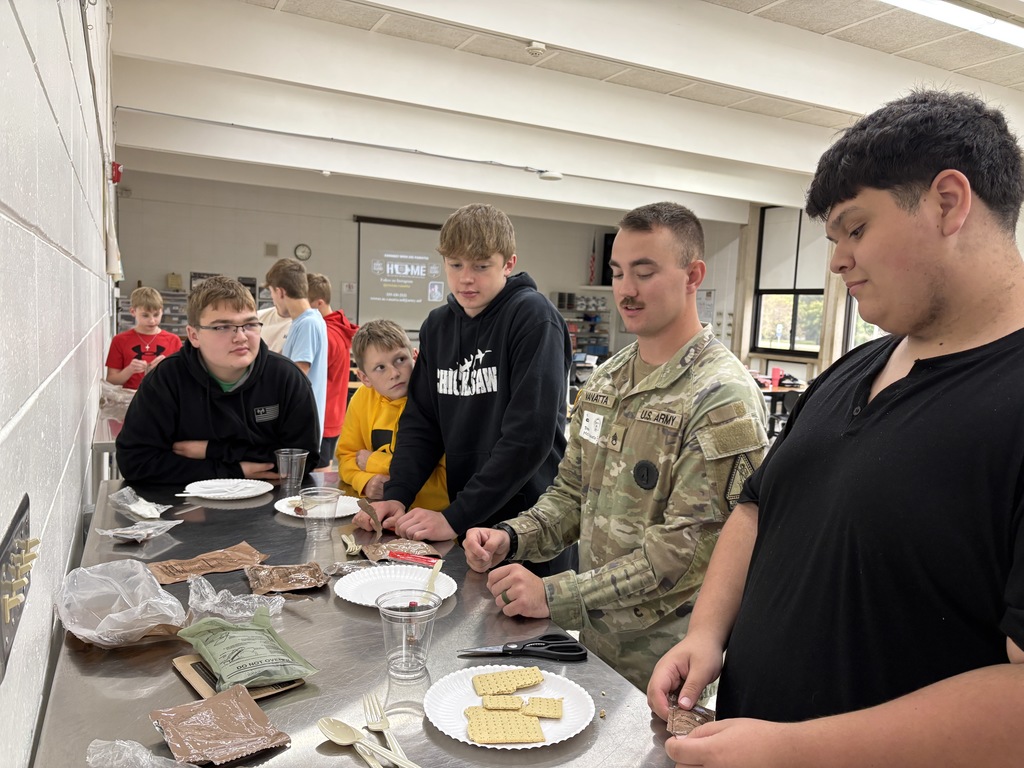 Tristan Vanatta SSG (Staff Sergeant) for the US Army National Guard visited Mrs. Schmitt's FCS classes to make MRE (Meals Ready to Eat). There was a lot of science that went into the heating bags that heated the meals. It was an interesting and enjoyable guest speaker. A HUGE THANK YOU TO SSG Kaleb Michel and SSG Vanatta.