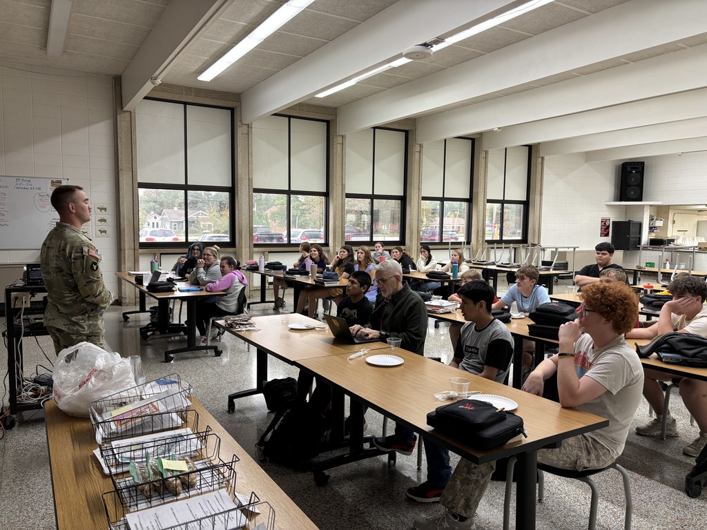 Tristan Vanatta SSG (Staff Sergeant) for the US Army National Guard visited Mrs. Schmitt's FCS classes to make MRE (Meals Ready to Eat). There was a lot of science that went into the heating bags that heated the meals. It was an interesting and enjoyable guest speaker. A HUGE THANK YOU TO SSG Kaleb Michel and SSG Vanatta.