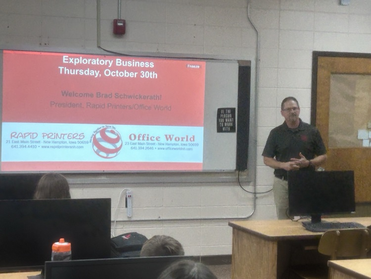 Brad Schwickerath, President, Rapid Printers and Office World; spoke with our Exploratory Business class. The students learned about the ins and outs of owning a business in our community! Thank you, Mr. Schwickerath!