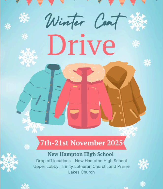 There will be a Winter Coat Drive starting tomorrow, November 7th to November 21st. Drop-off locations will be at the upper level of High School or Prairie Lake church or Trinity Lutheran Church.