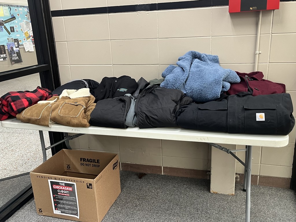 For the next few weeks, there will be free winter coats available by the pride pantry.  Also, thanks to the FCS class, there are recipe bags filled with all the ingredients to make green bean casserole, German chocolate  caramel bars, or microwave fruit salad.   If you have Chickasaw branded clothing to donate , please place donations in the box below the coats.  We are so grateful for the generosity in our amazing community. Happy Thanksgiving!