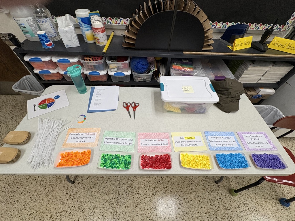 New Hampton's fourth graders enjoyed learning about nutrition using a hands-on lesson presented by Jessica Rochford, Ag in the Classroom.  Each student made a nutrition bracelet to represent the daily servings needed for a balanced diet.  The students also identified the different food groups using examples of school lunches.  Thank you, Jessica, for the fun activity.