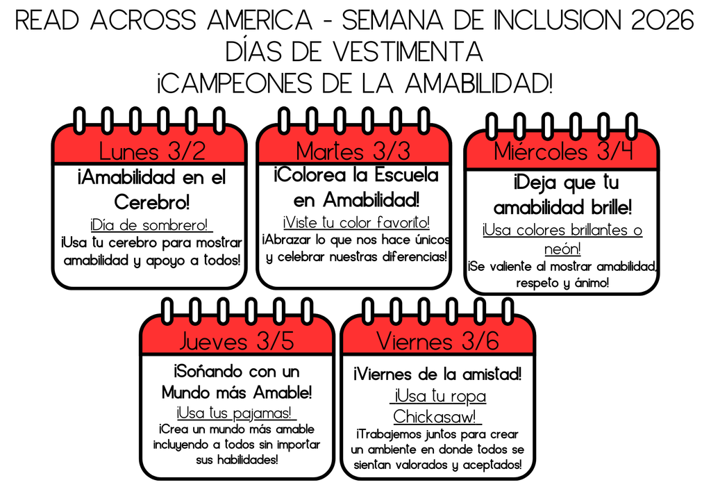 March 2-6th is Read Across America Week and Inclusion Week. Check out the dress up days to celebrate! 