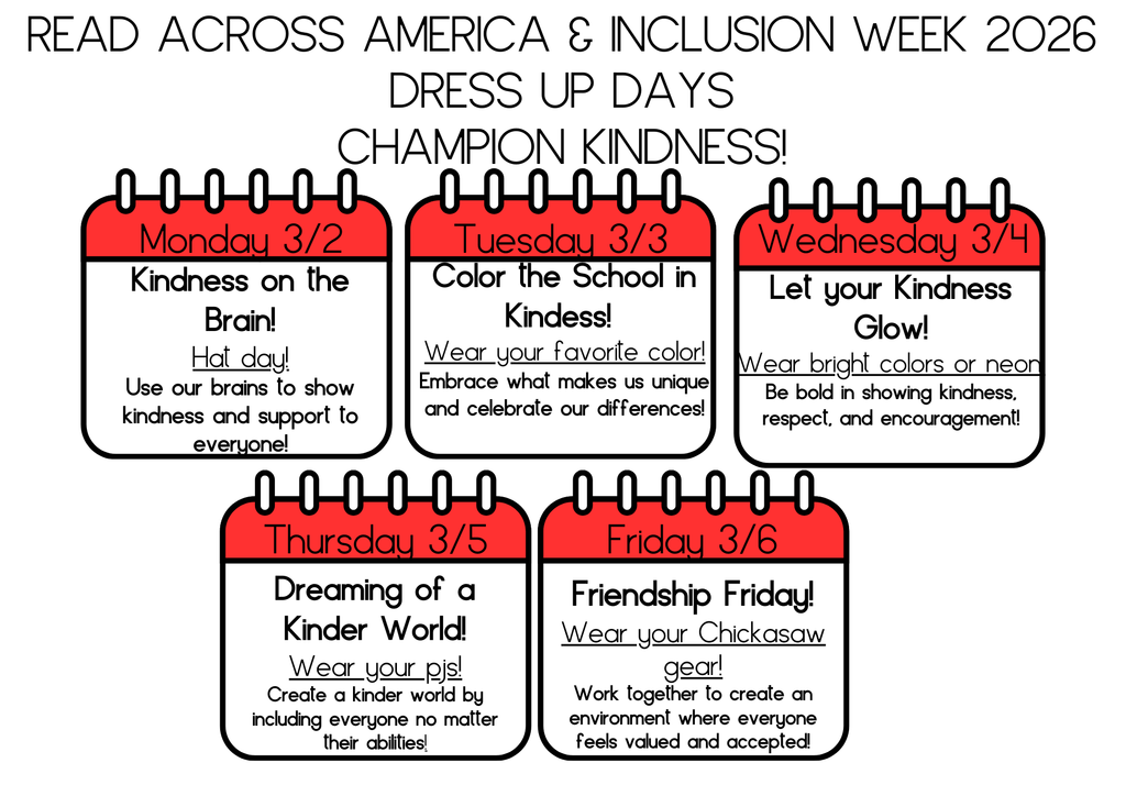 March 2-6th is Read Across America Week and Inclusion Week. Check out the dress up days to celebrate! 