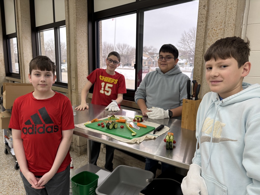 Knife cutting skills continue in 7th FCS class. Last week they cut up vegetables and made a dip. They learned how to peel and slice. How to make a vegetable safe to cut so it does not roll. This week they made veggie cars to hone their knife skills. 
