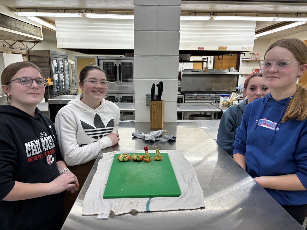 Knife cutting skills continue in 7th FCS class. Last week they cut up vegetables and made a dip. They learned how to peel and slice. How to make a vegetable safe to cut so it does not roll. This week they made veggie cars to hone their knife skills. 