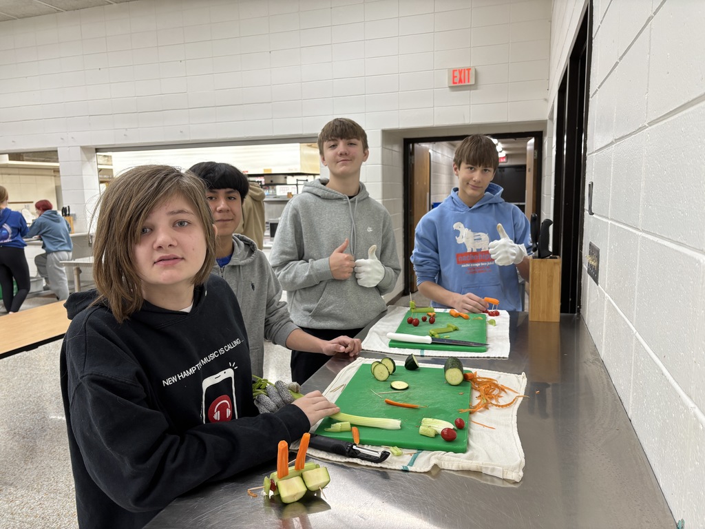 Knife cutting skills continue in 7th FCS class. Last week they cut up vegetables and made a dip. They learned how to peel and slice. How to make a vegetable safe to cut so it does not roll. This week they made veggie cars to hone their knife skills. 