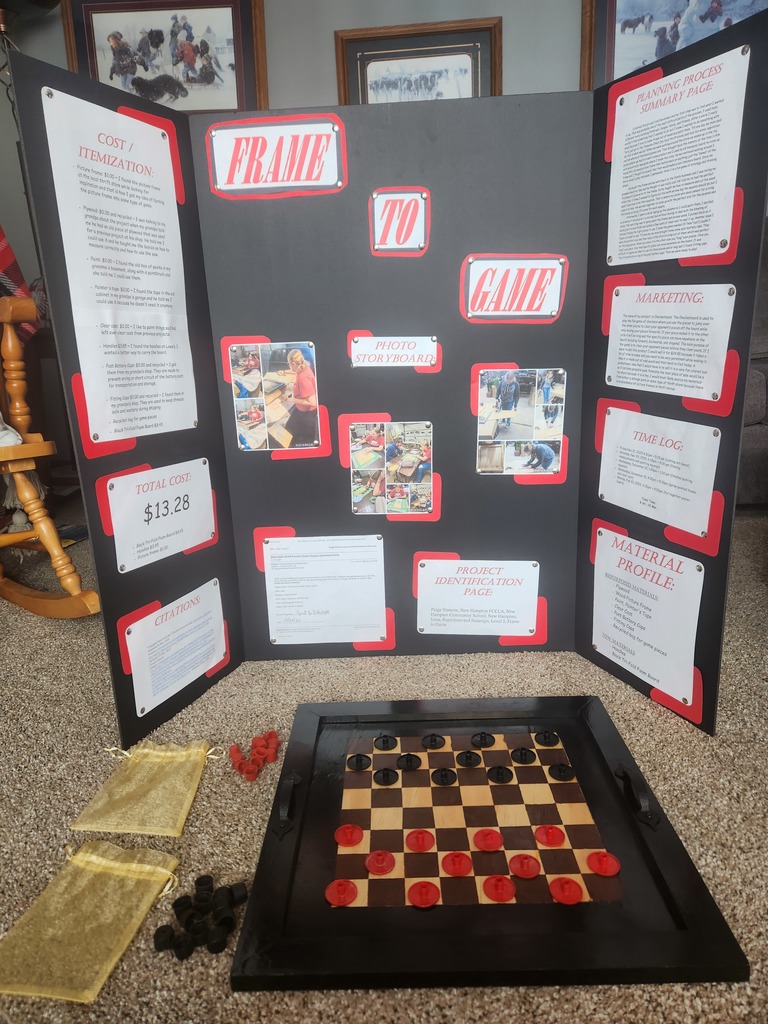 FCCLA (Family, Career, Community Leaders of America) is a CTSO (Career and Technical Student Organization) group. New Hampton, along with almost 1,000 other students, merged at Cedar Rapids for the FCCLA State Competition from Sunday, March 22nd, through March 24th. "The days were busy, starting at 7 a.m. and ending at 11:00 p.m. with students competing in Iowa Events and STAR (Students Taking Action with Recognition) events. It is amazing what FCCLA students learn about public speaking, being a leader, and how to make deadlines for their projects," said Mrs. Schmitt (FCCLA advisor). Kaidance Hall was in an Iowa event for Creed Speaking and Interpretation. Paige Stumme was in the STAR event of Repurpose and Redesign, winning a silver medal. She turned a picture frame into a checkerboard. (see the picture of her project) Wimry Jacobs earned a bronze medal in the Job Interview event. "I am proud of how all of my FCCLA students presented themselves at state. They made New Hampton High School proud! 