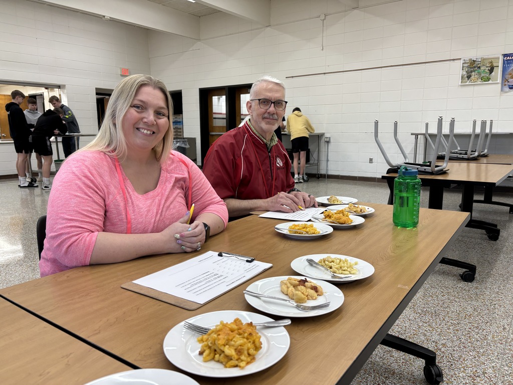 One section of Foods II Class decided to do a mac-and-cheese competition for their grain lab, and the other section made a variety of grain foods, such as banana bread, spaghetti, and muffins. The mac-and-cheese rubric: flavor, texture, appeal, and ingredients. The winner had smoked gouda cheese, white cheddar cheese, bacon, and bread crumbs on top. THANK YOU to our judges: Todd Miller, Colletta Harnisch, and Mrs. Schmitt.