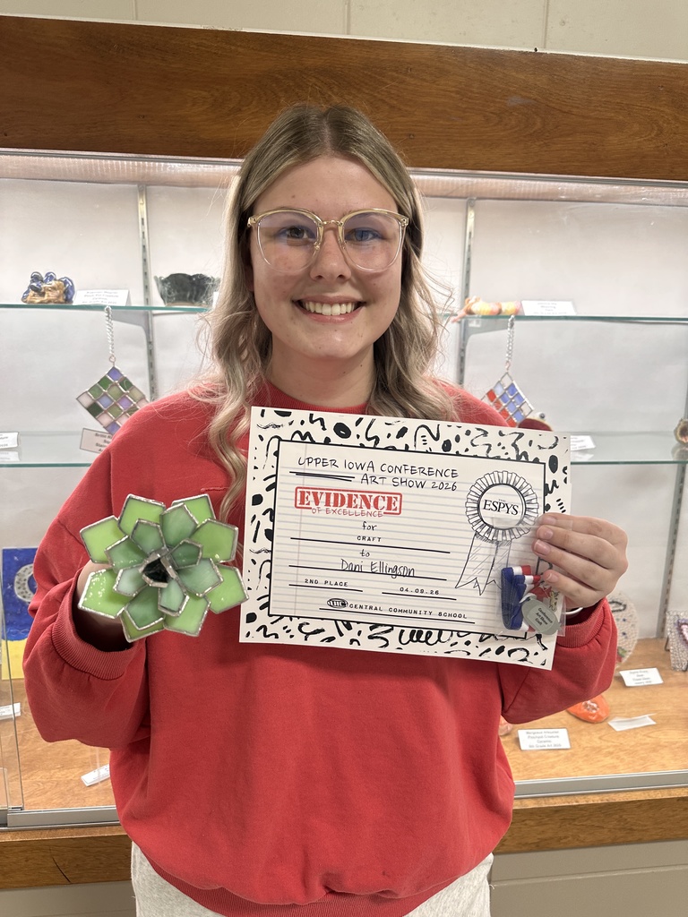 Thursday was the UIC Art show! The art students took 50 pieces of artwork from grades 8-12! It was a great day and congratulations to two winners from New Hampton! Six Seniors went to the show with Ms. Nelson. Sophie Rivera, Ben Schuchhardt, Jaila Reicks, Piper Hackman, McKenzie Herzberg, and Sofia Gastaldi. Dani Ellingson received 2nd place in the Craft category for her stained glass flower! Harper Paulsen received 3rd place for her Eyes photograph in the Photography category!  They will each receive a certificate and a medal!