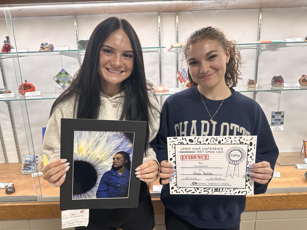 Thursday was the UIC Art show! The art students took 50 pieces of artwork from grades 8-12! It was a great day and congratulations to two winners from New Hampton! Six Seniors went to the show with Ms. Nelson. Sophie Rivera, Ben Schuchhardt, Jaila Reicks, Piper Hackman, McKenzie Herzberg, and Sofia Gastaldi. Dani Ellingson received 2nd place in the Craft category for her stained glass flower! Harper Paulsen received 3rd place for her Eyes photograph in the Photography category!  They will each receive a certificate and a medal!