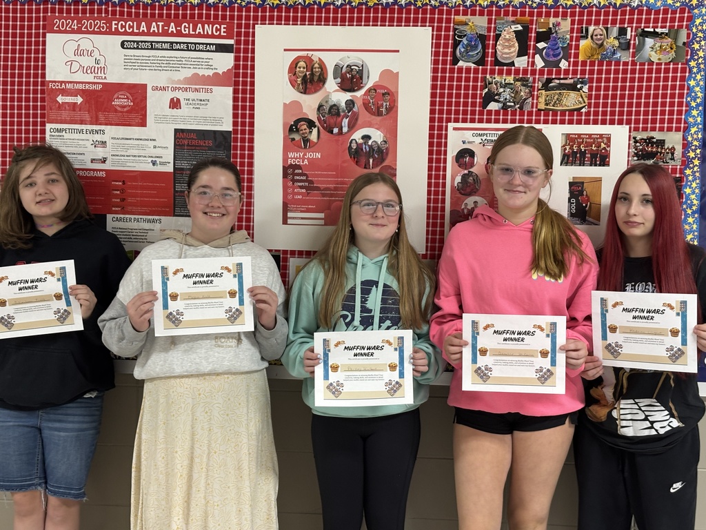 7th grade FCS Group (Day Two students): This is the first year that I have done "Muffin Wars" with my 7th graders. The students have been learning about the importance of each part of a recipe and how to read a recipe. Each group chose between sweet or savory muffins, and then they had choices of what ingredients they would add into their muffins. They had a guided sheet with measurements, so the muffins would turn out if they followed the directions. They needed to choose a flour, liquid, flavorings, seasonings, and a stir-in option like berries, flavored chips, cocoa, etc. Then the 7th graders needed to write their own recipe and name their muffin creation. They had a guided recipe sheet to help them along. The winners of the first group were Dixie-Lynn, Megan, Paisley, Annalise, & Kadrian with the muffins called "Chocolate Cinnamon Swirl."  