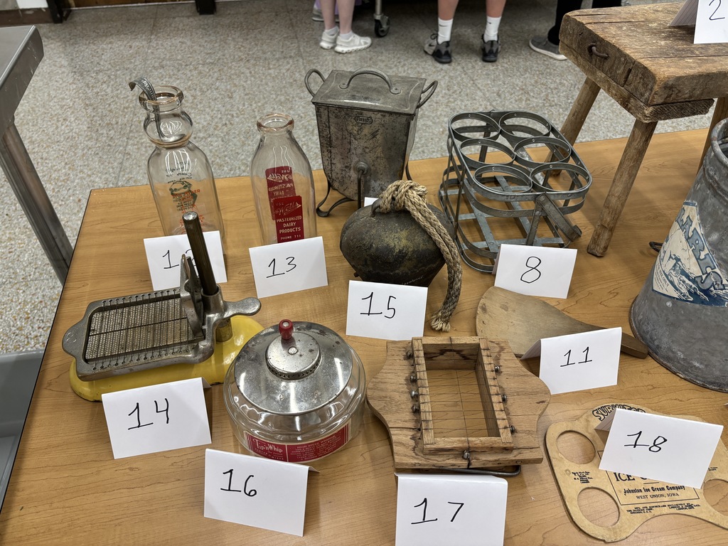 Mrs. Schmitt has two sections of Foods II classes that are currently on their extensive dairy unit. They have learned about the nutrition of dairy, the variety, and how to carefully cook milk and cheese without scorching it. The labs for this unit were making vanilla and chocolate cooked pudding, old-fashioned ice cream, easy ice cream, and butter. The students also did a milk taste-testing lab and filled out a reflection sheet. Unfortunately, Mrs. Schmitt was busy helping, so few pictures were taken of all of their work. Mrs. Schmitt brought many of her dairy antiques (Schmitts were dairy farmers for years) for the students to participate in an activity of guessing gadgets from the past. A dairy carnival for New Hampton kindergarten students is in the planning process by the high school students. 