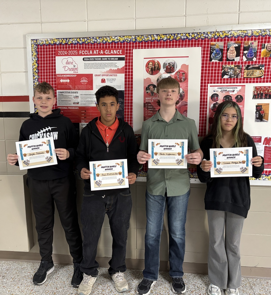 7th grade FCS Group (Day One students): “This is the first year that I have done "Muffin Wars" with my 7th grader,” Mrs. Schmitt said.  The students have been learning about the importance of each part of a recipe and how to read a recipe. Each group chose between sweet or savory muffins, and then they had choices of what ingredients they would add into their muffins. They had a guided sheet with measurements, so the muffins would turn out if they followed the directions. They needed to choose a flour, liquid, flavorings, seasonings, and a stir-in option like berries, flavored chips, cocoa, etc. Then the 7th graders needed to write their own recipe and name their muffin creation. They had a guided recipe sheet to help them along. The winners of the second group were Bryson Rosonke, Raul Martinez-Perez, Blake Opperman, and Ivonne Marquez Anda with the muffins called "Best Blueberry Muffins."  