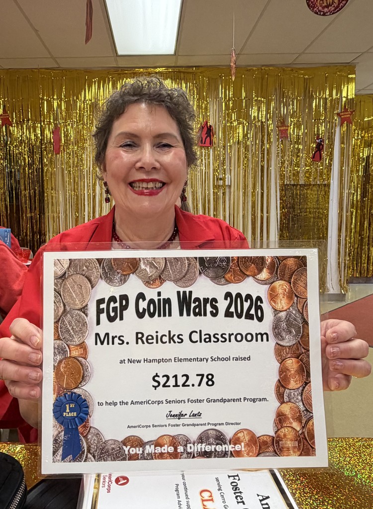Mrs. Reicks’s third grade class won the coin war contest for the foster grandparent program! The third graders collected $212.78!! Teacher Cheri‘s class came in second place! We competed against many schools in Mitchell County, Floyd County, Cerro Gordo County, and Chickasaw County. Mrs. Reicks' class will be given a pizza party with juice provided by the foster grandparent program! Also, Grandma Claudia was crowned Chickasaw County foster grandparent of the year! Congratulations to Grandma Claudia and the students in Mrs. Reicks’s class and Teacher Cheri’s class for working so hard for an awesome cause!