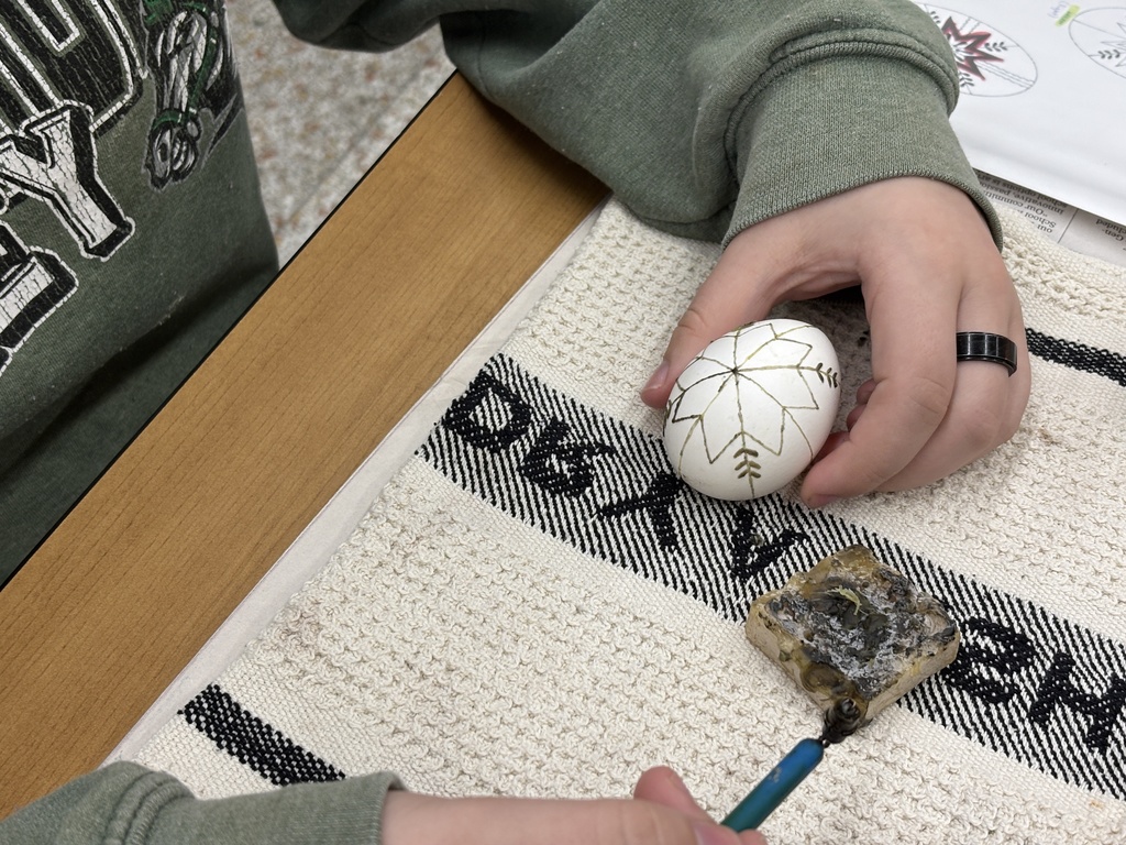 As part of Cooking Around the World's unit on Russia and Ukraine, the students did a folk art called Pysanka (which means "to write"). The eggs were done using beeswax and dyes. Each symbol has a meaning. 