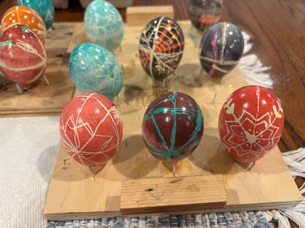 As part of Cooking Around the World's unit on Russia and Ukraine, the students did a folk art called Pysanka (which means "to write"). The eggs were done using beeswax and dyes. Each symbol has a meaning. 