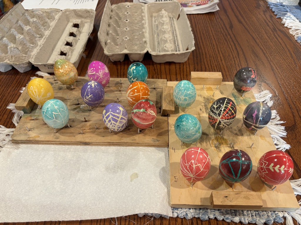 As part of Cooking Around the World's unit on Russia and Ukraine, the students did a folk art called Pysanka (which means "to write"). The eggs were done using beeswax and dyes. Each symbol has a meaning. 