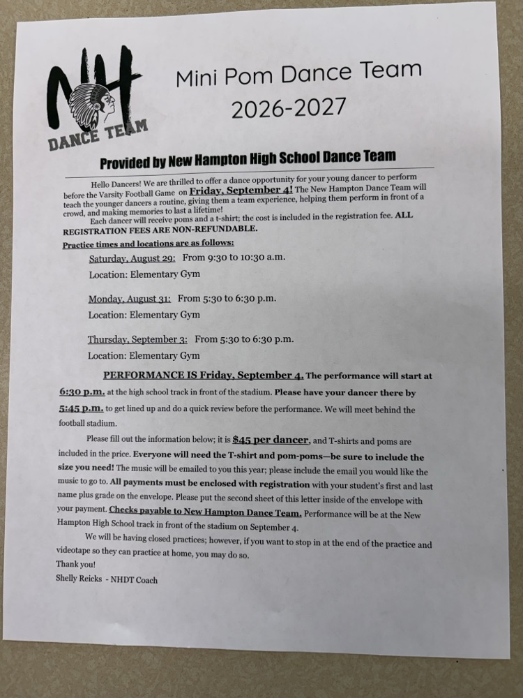 Attention current Kindergarten - 5th graders! Don’t forget to sign up! One week left to get registered for the Mini Pom Dance performance! The New Hampton Dance Team can’t wait to work with the Mini Pom Dancers! It will be a lot of fun! 😊