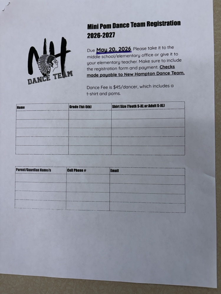 Attention current Kindergarten - 5th graders! Don’t forget to sign up! One week left to get registered for the Mini Pom Dance performance! The New Hampton Dance Team can’t wait to work with the Mini Pom Dancers! It will be a lot of fun! 😊