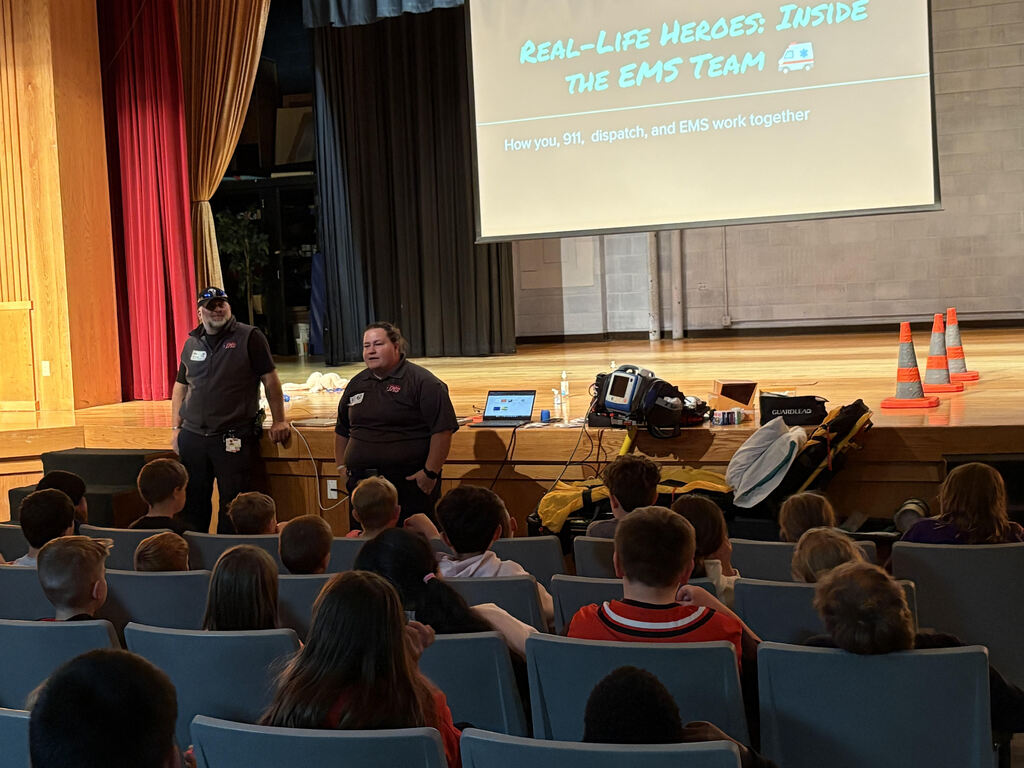 In honor of EMS Week, Sam Streeter and Brannon Anderson visited with students to teach them about Emergency Medical Services (EMS) and the vital role EMS professionals play in public safety. They discussed what EMS does, how first responders help people during emergencies, and the important ways they serve and care for our community.
