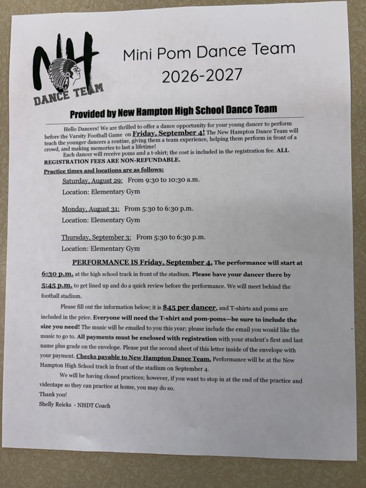 Attention current Kindergarten - 5th graders! Don’t forget to sign up! One week left to get registered for the Mini Pom Dance performance! The New Hampton Dance Team can’t wait to work with the Mini Pom Dancers! It will be a lot of fun! 😊