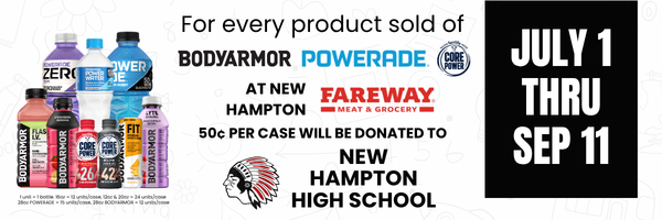 Coca Cola is running a “Fuel Your Schools” program where we donate a portion of sales to the school of the participating store’s choice. Atlantic Bottling gives back 50 cents per case sold on Powerade, BodyArmor, and Core Power during the promotion timeframe (July 1-Sept 11)! This year, New Hampton Fareway has designated NHHS as their recipient! With that said, any help you can give promoting the program works in your favor!