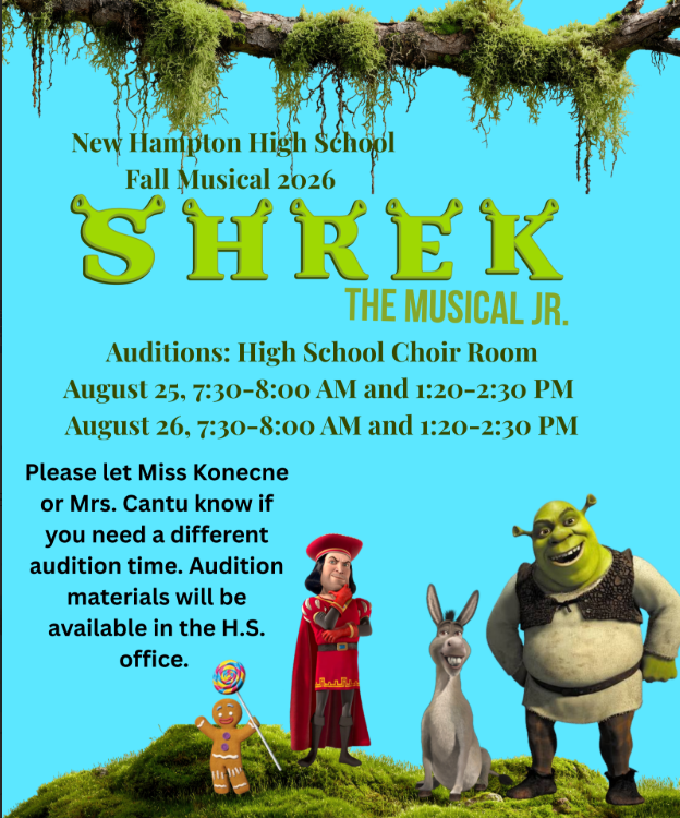 Due to licensing issues, the drama department has been forced to change the fall musical this year. The New Hampton Drama department will be performing Shrek the Musical Jr. Due to the change, auditions will be held again. The directors encourage all students interested in participating in the show to come to auditions. 