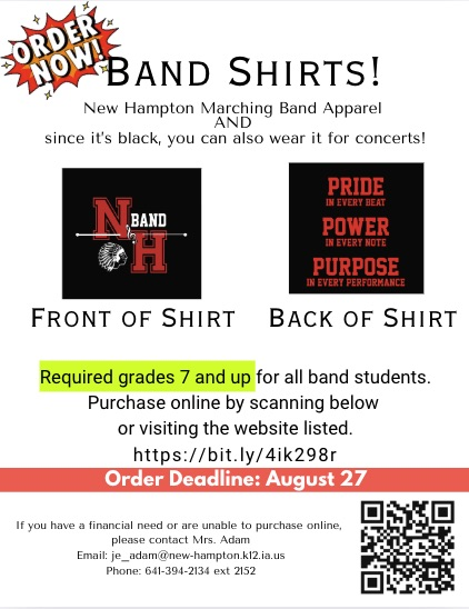 Marching band AND Concert Shirts available for purchase now through August 27. Visit the site to order yours! https://nhband-26.itemorder.com/shop/home/