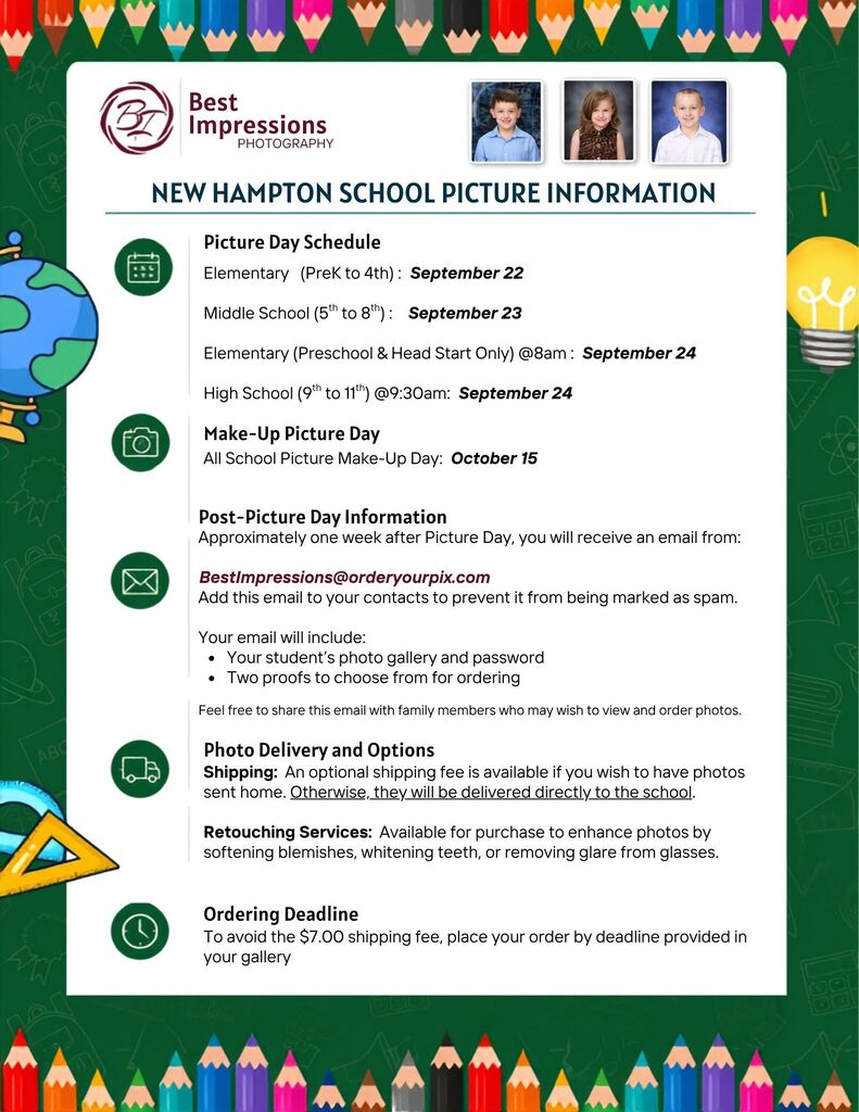 Picture day for the Elementary School is on Tuesday, September 22. Picture day for the Middle School is on Wednesday, September 23. Picture day for the High School is on Thursday, September 24. El día de la fotografía para la escuela primaria es el martes 22 de septiembre. El día de la fotografía para la escuela intermedia es el miércoles 23 de septiembre. El día de la fotografía para la escuela secundaria es el jueves 24 de septiembre.