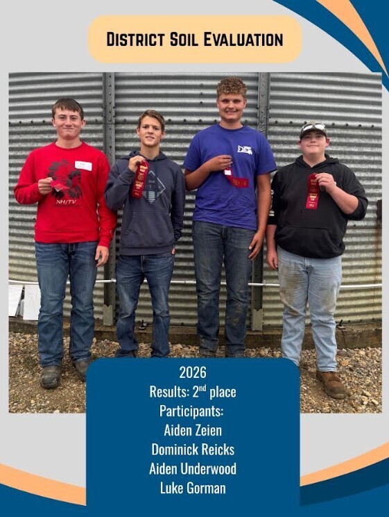 ✨DISTRICT SOIL EVALUATION✨ Today four FFA members travelled to Hawkeye Community College to compete in the Northeast Iowa District FFA Soil Evaluation Contest. During this event members evaluate different characteristics of soil in 4 different pits and take a written exam. TEAM RESULTS: 2nd place team out of 73 total teams! This qualifies the team to compete at the state contest next Thursday! INDIVIDUAL RESULTS: Aiden Underwood - 6th Luke Gorman - 10th Dominick Reicks - 13th Aiden Zeien - 72nd Out of 291 total individuals! Congratulations to this team and good luck next week!💙💛