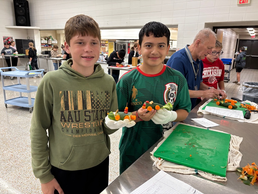 7th grade FCS (Family & Consumer Science) students honed their knife skills by making Veggie Cars. All 40 students (in two sections) safely made a vehicle. You can see by their smiles how proud they were of their success.