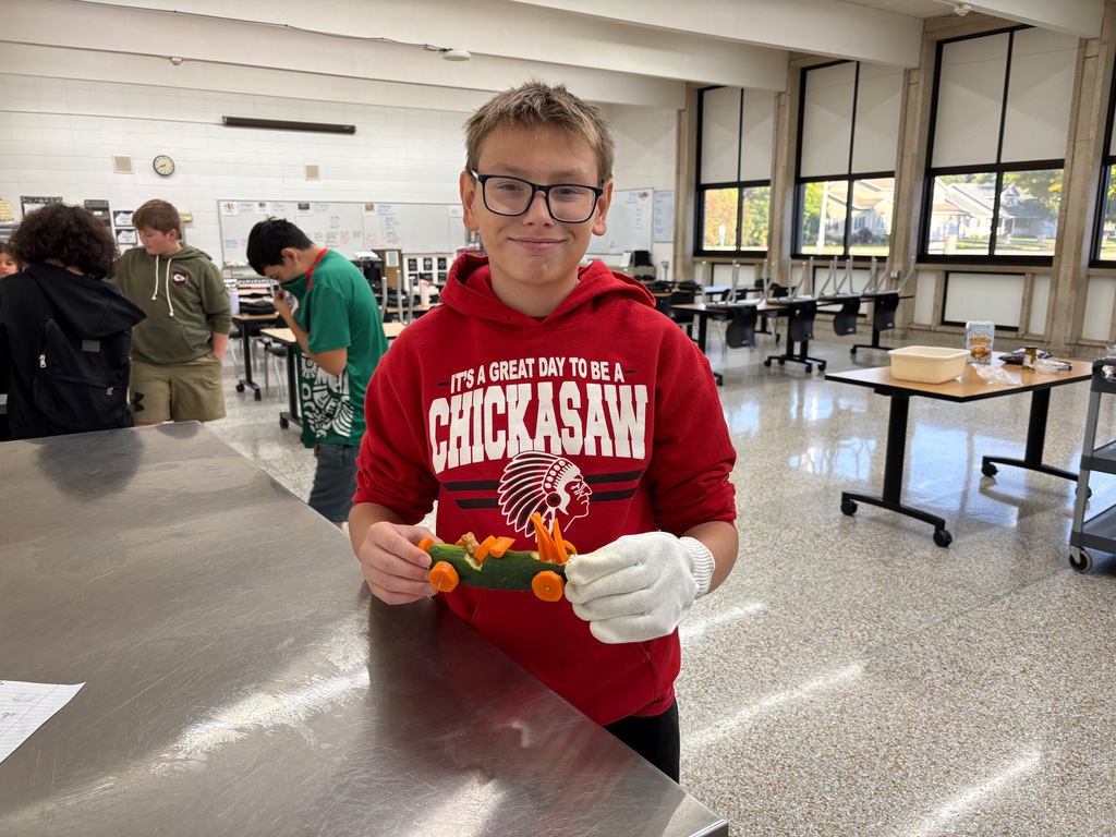 7th grade FCS (Family & Consumer Science) students honed their knife skills by making Veggie Cars. All 40 students (in two sections) safely made a vehicle. You can see by their smiles how proud they were of their success.